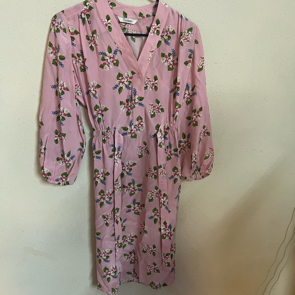 TUCKER Floral   Long Sleeve Dress 100% Silk Pink